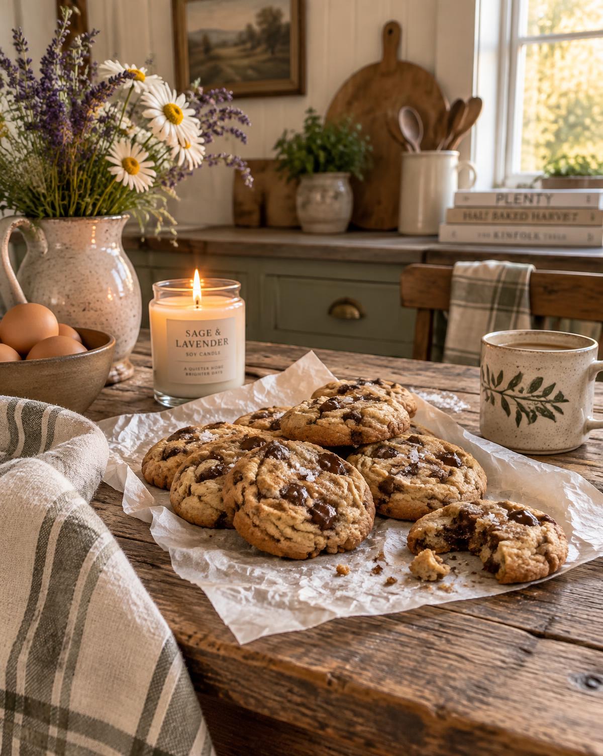 Warm cookies on wax paper beside a lit candle and a jar of lavender in a farmhouse kitchen