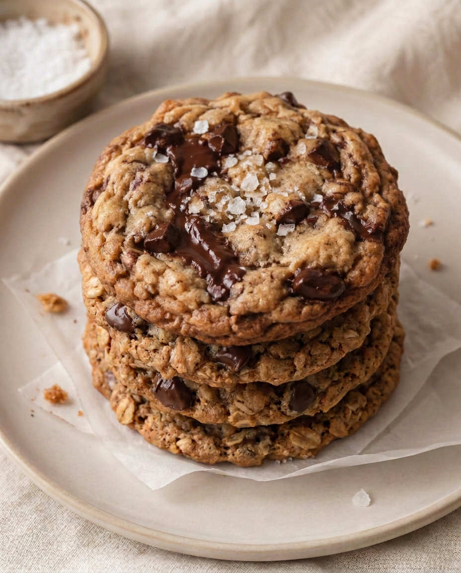 Stack of oatmeal chocolate chip cookies on a cream plate